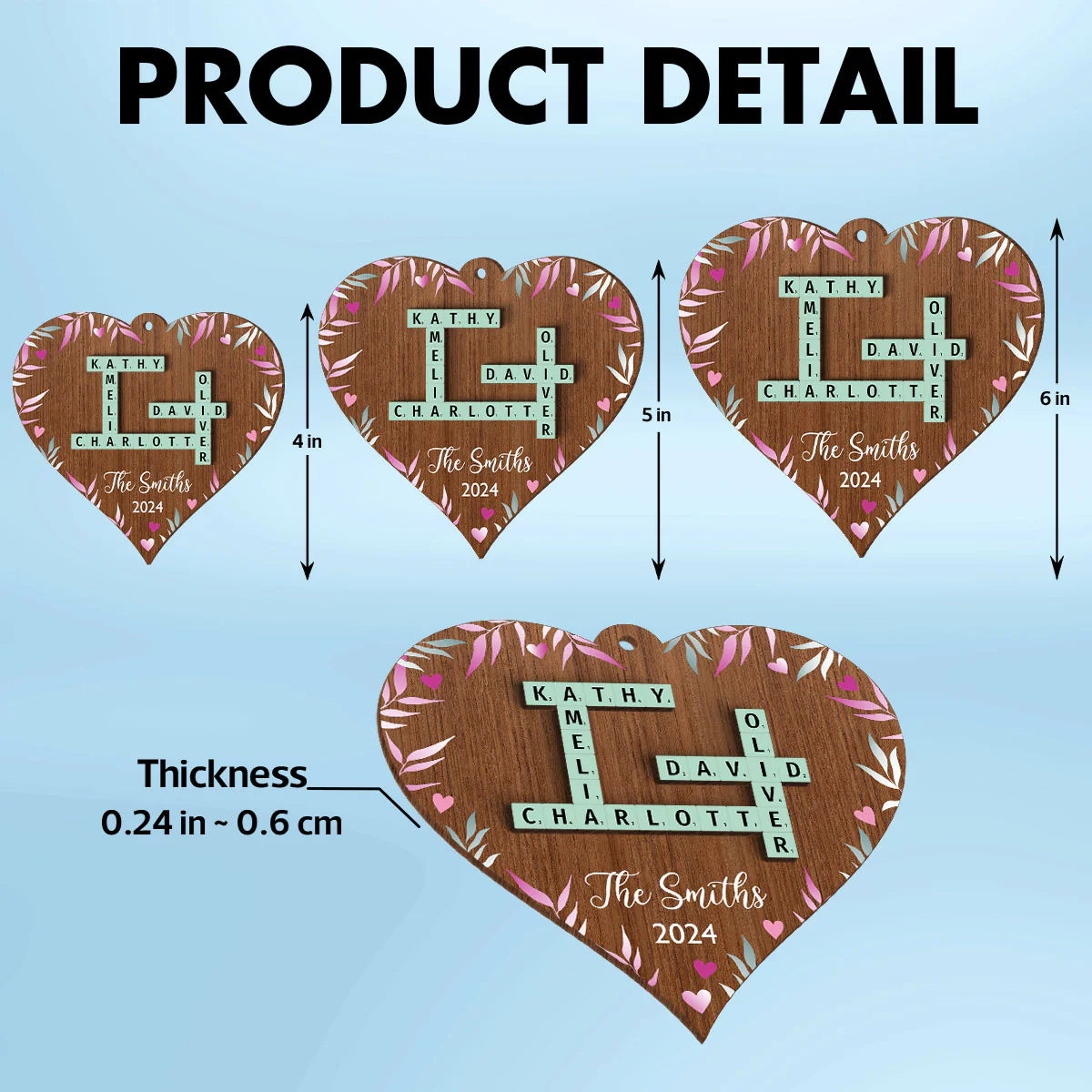Family Crossword Puzzle Art Personalized Heart Shaped 2-Layered Wooden Ornament, Christmas Gift for Family & Friends - Image 6