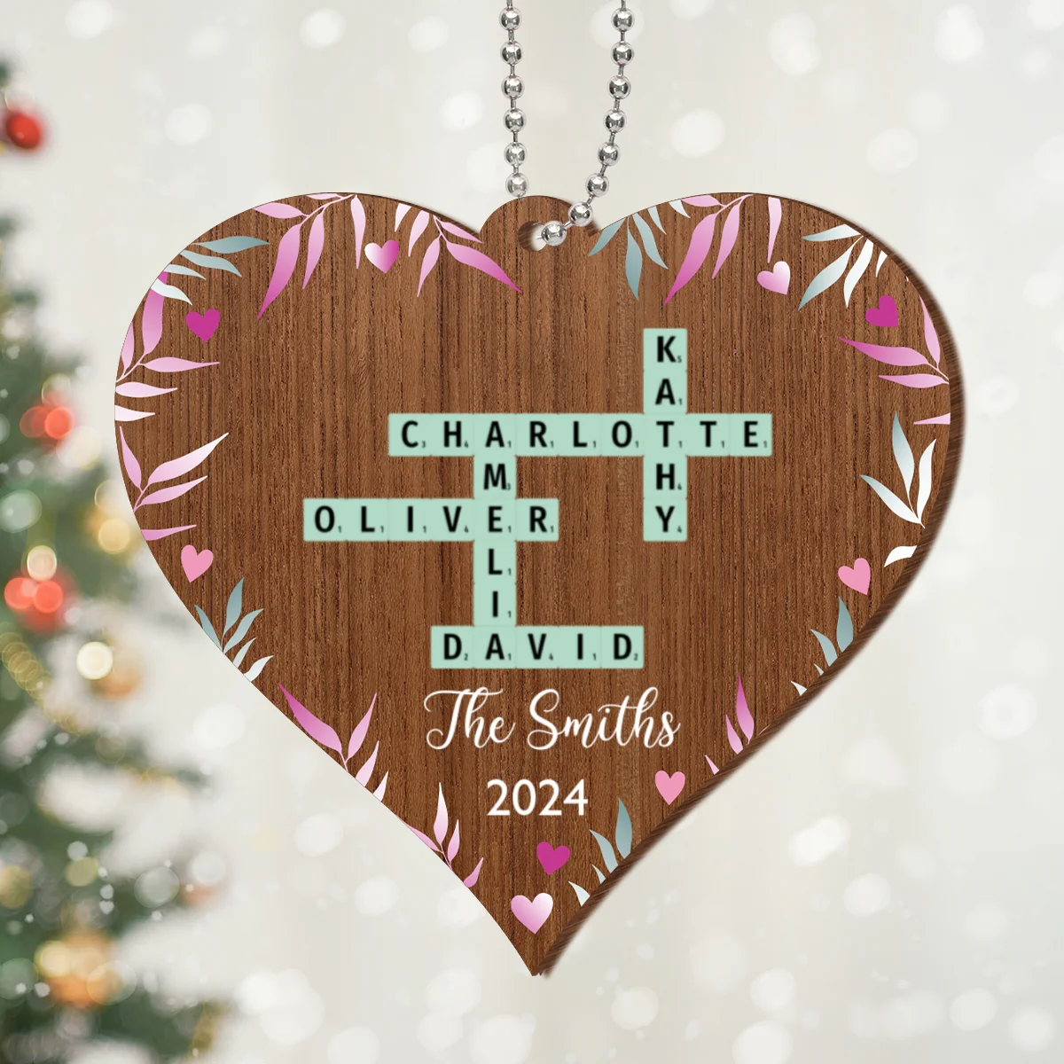 Family Crossword Puzzle Art Personalized Heart Shaped 2-Layered Wooden Ornament, Christmas Gift for Family & Friends - Image 8
