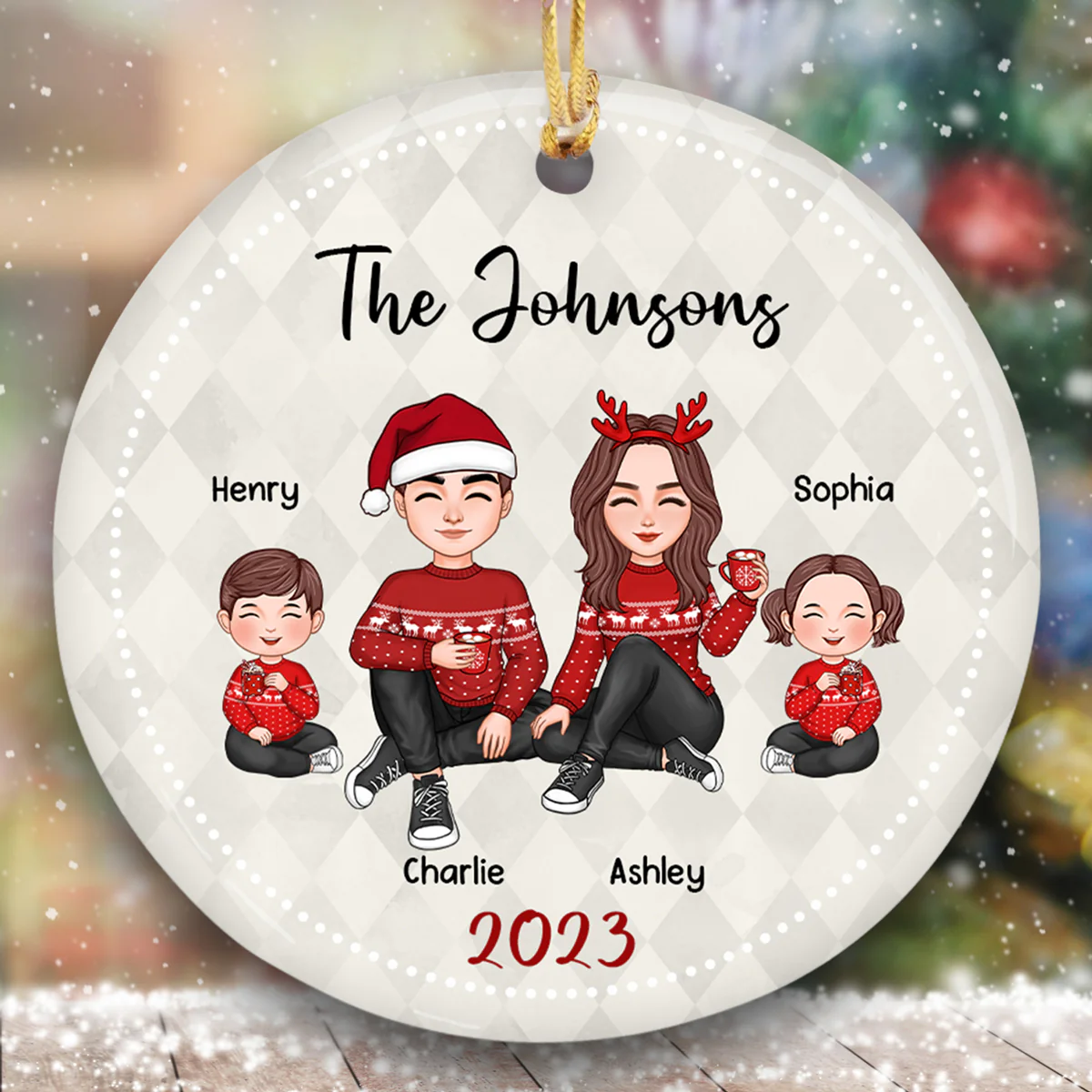 Family Cute Doll Couple Mom Dad Kid Dog Cat Personalized Circle Ornament - Image 2