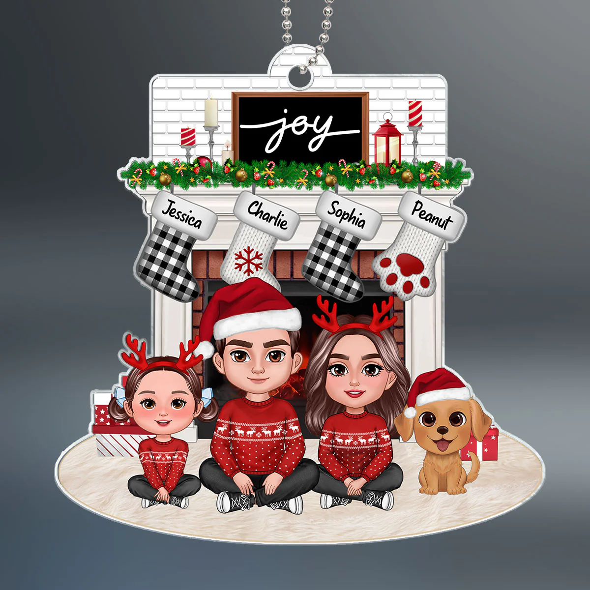 Family Dad Mom Kids Dogs Cats Crossed Legs Sitting At Christmas Fireplace Personalized Acrylic Ornament - Image 2