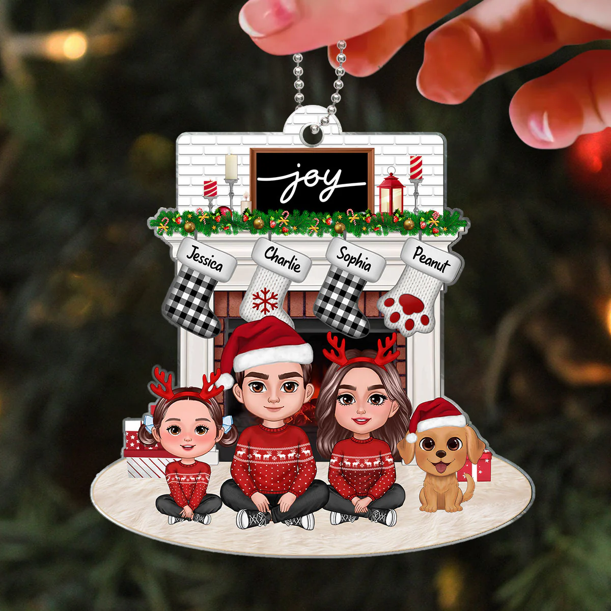 Family Dad Mom Kids Dogs Cats Crossed Legs Sitting At Christmas Fireplace Personalized Acrylic Ornament - Image 3