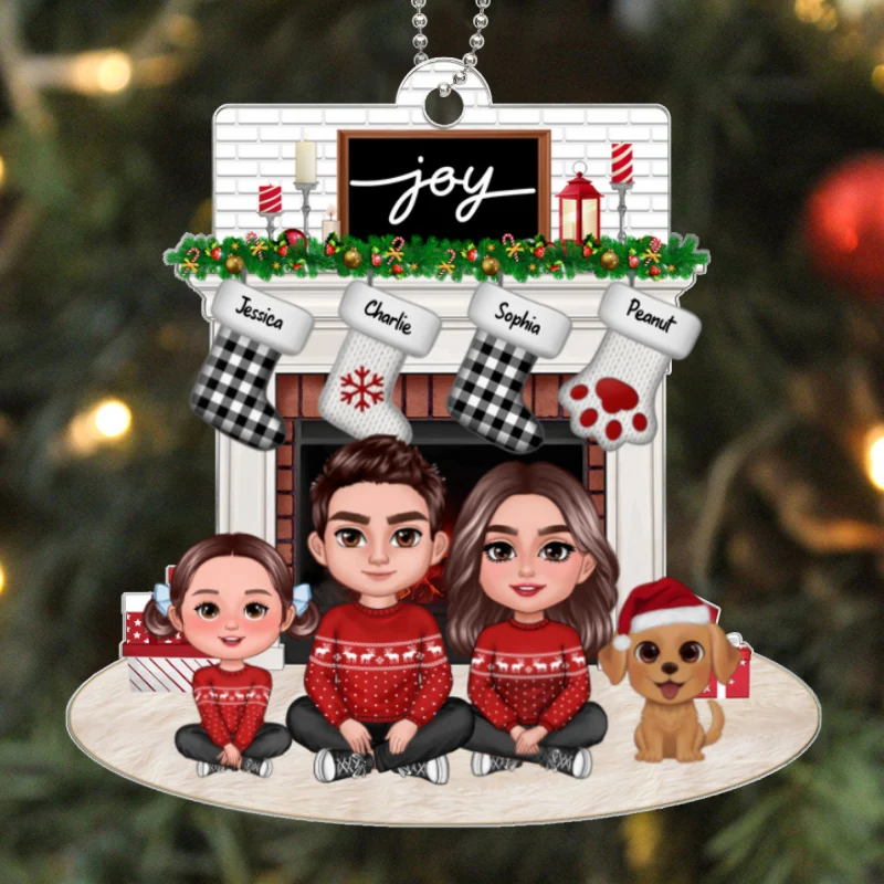 Family Dad Mom Kids Dogs Cats Crossed Legs Sitting At Christmas Fireplace Personalized Acrylic Ornament - Image 5