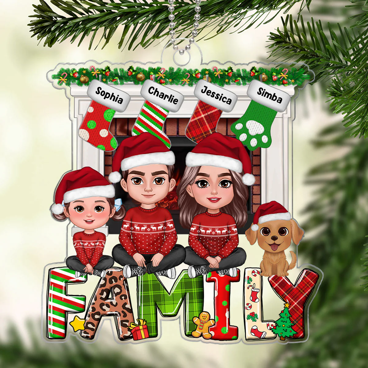 Family Dad Mom Kids Dogs Cats Crossed Legs Sitting On Word At Fireplace Personalized Acrylic Ornament