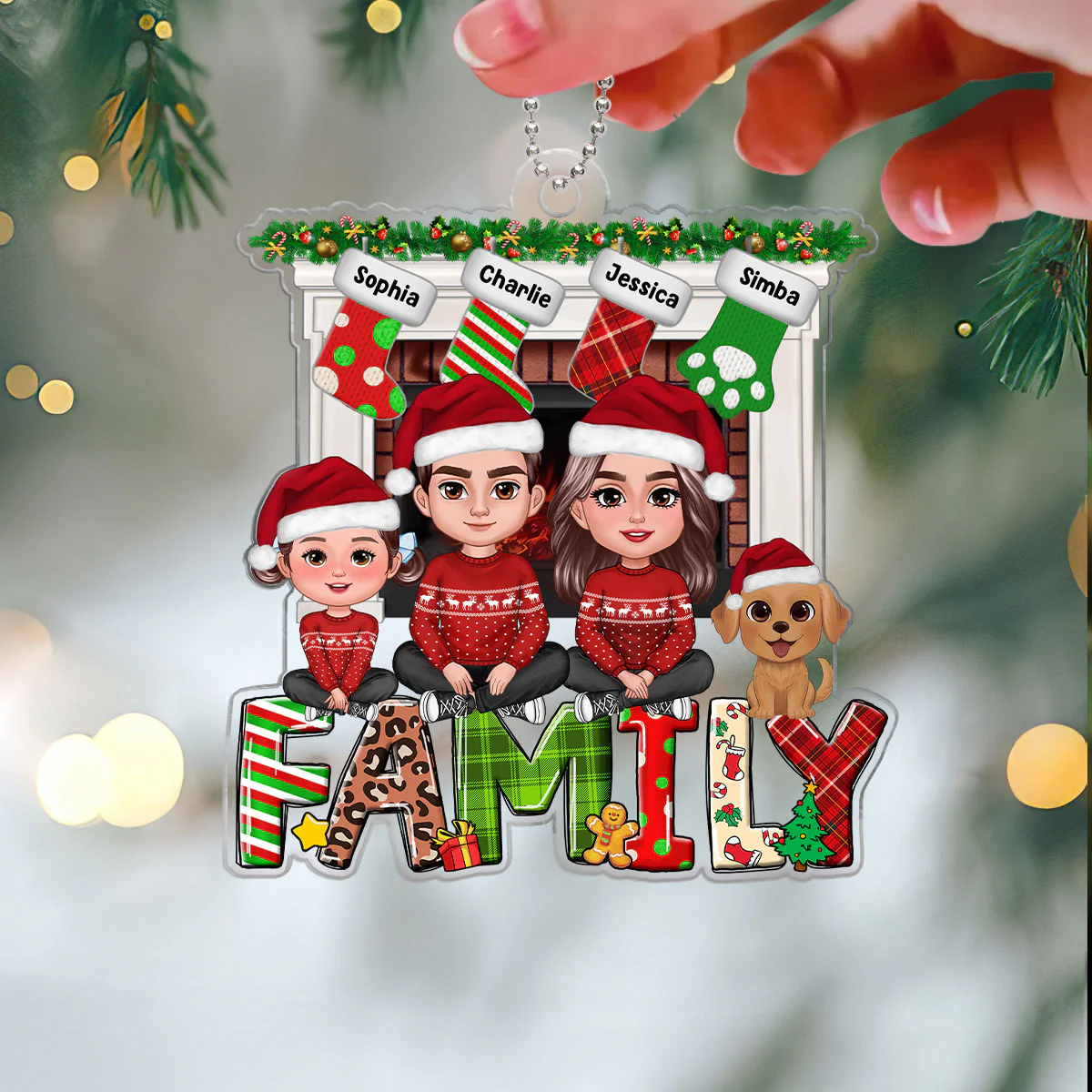 Family Dad Mom Kids Dogs Cats Crossed Legs Sitting On Word At Fireplace Personalized Acrylic Ornament - Image 3