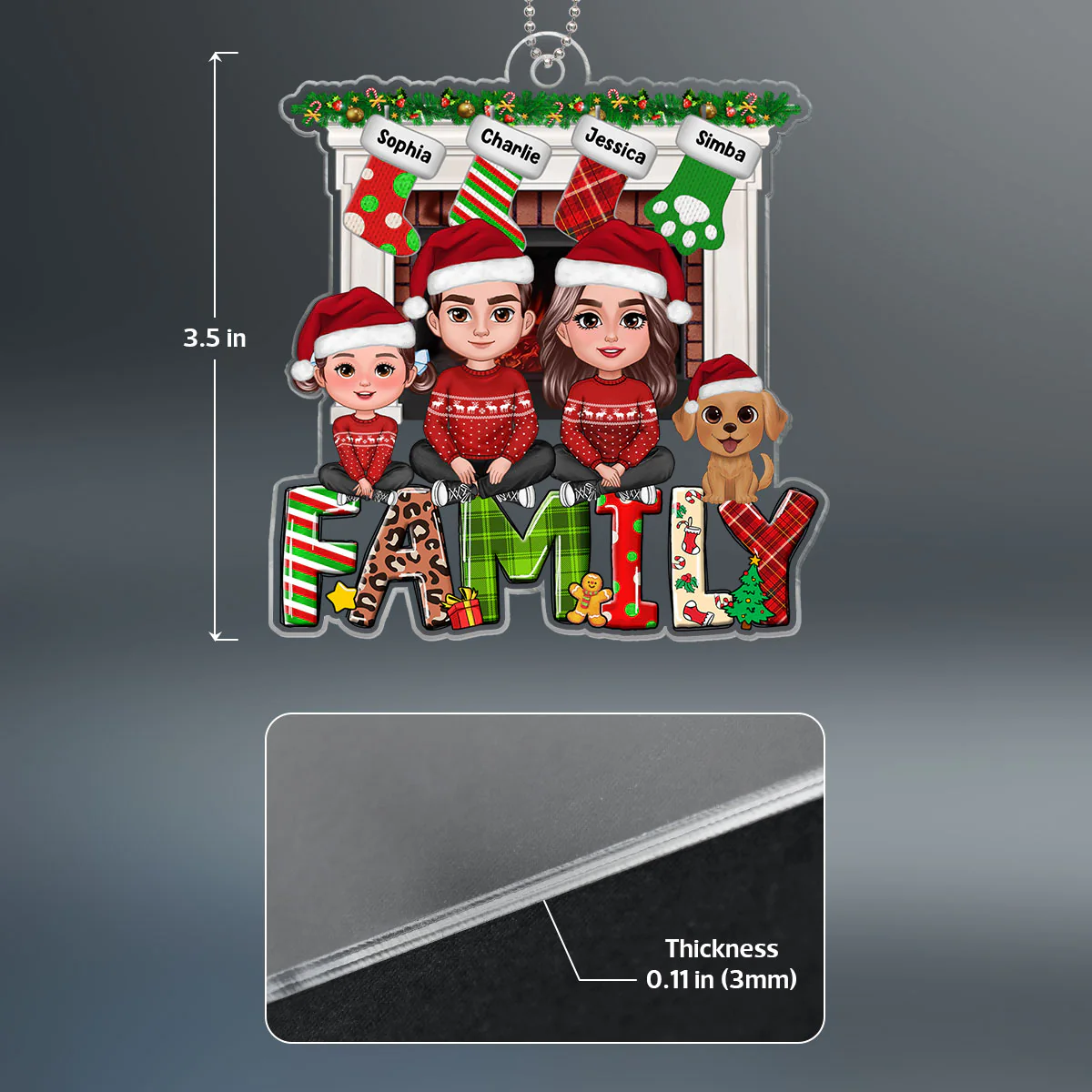 Family Dad Mom Kids Dogs Cats Crossed Legs Sitting On Word At Fireplace Personalized Acrylic Ornament - Image 4