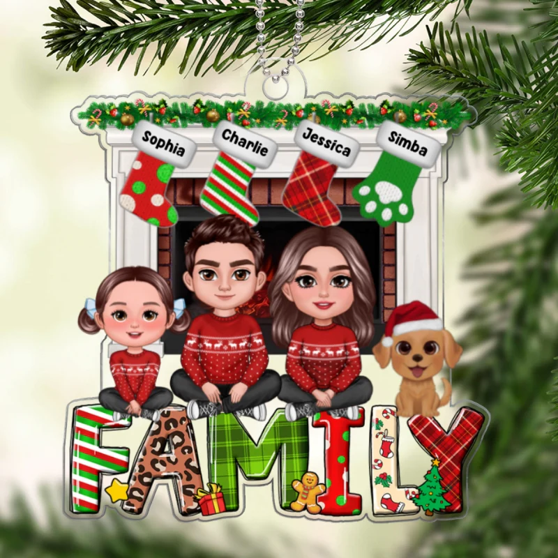Family Dad Mom Kids Dogs Cats Crossed Legs Sitting On Word At Fireplace Personalized Acrylic Ornament - Image 5