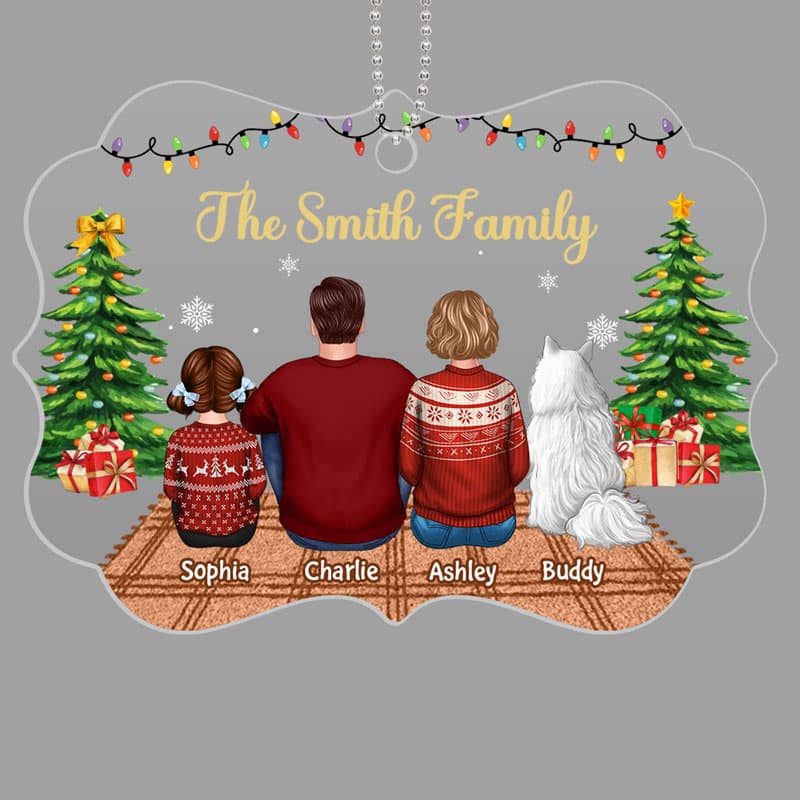 Family Dad Mom Kids Dogs Cats In House Christmas Personalized Acrylic Ornament - Image 2