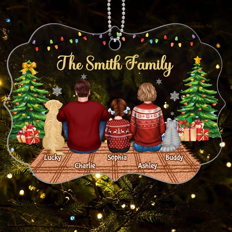 Family Dad Mom Kids Dogs Cats In House Christmas Personalized Acrylic Ornament - Image 3