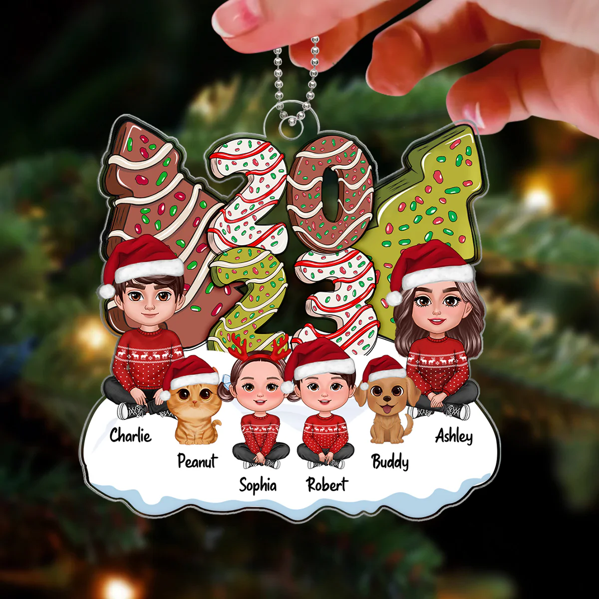 Family Dad Mom Kids Dogs Cats Sitting By 2024 Christmas Tree Cake Patterned Personalized Acrylic Ornament - Image 9