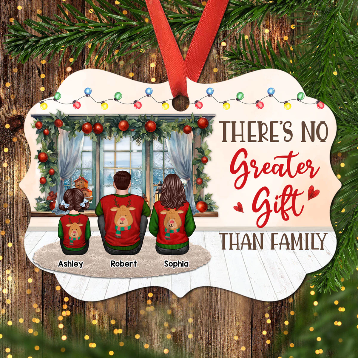 Family Dad Mom Kids Dogs Cats Sitting By Window Personalized Christmas Ornament - Image 2