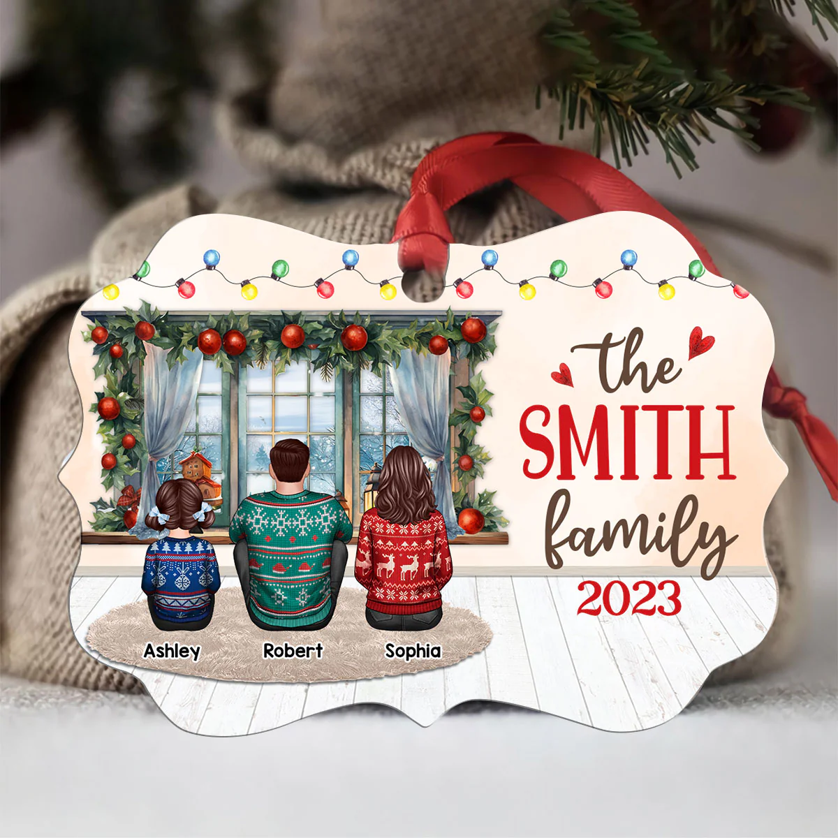 Family Dad Mom Kids Dogs Cats Sitting By Window Personalized Christmas Ornament - Image 3