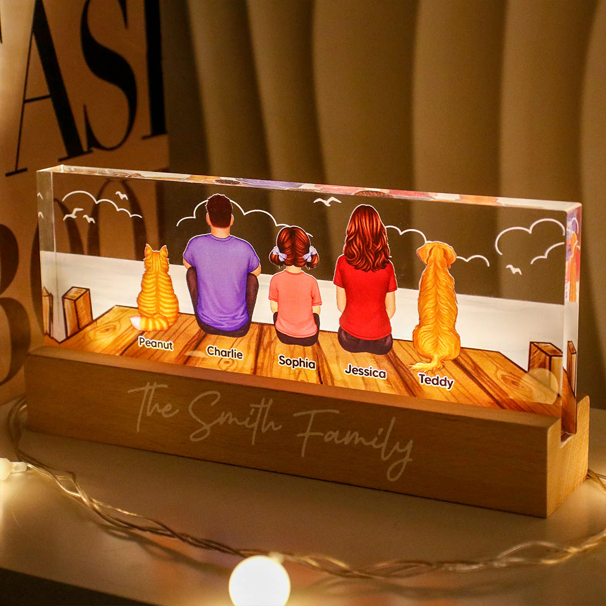 Family Sitting On The Bridge Personalized Acrylic Block LED Night Light, Gift For Family - Image 4