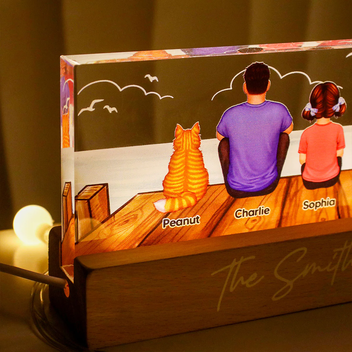 Family Sitting On The Bridge Personalized Acrylic Block LED Night Light, Gift For Family - Image 5