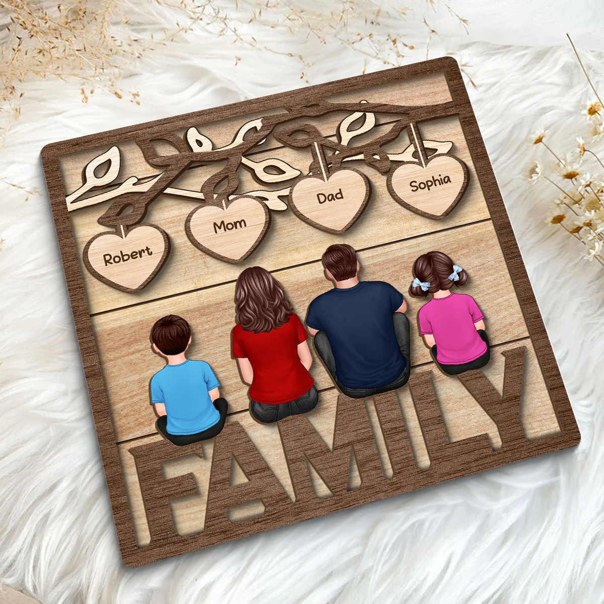 Family Dad Mom Kids Dogs Cats Sitting On Word Under Tree Personalized 2-Layer Wooden Plaque - Image 5