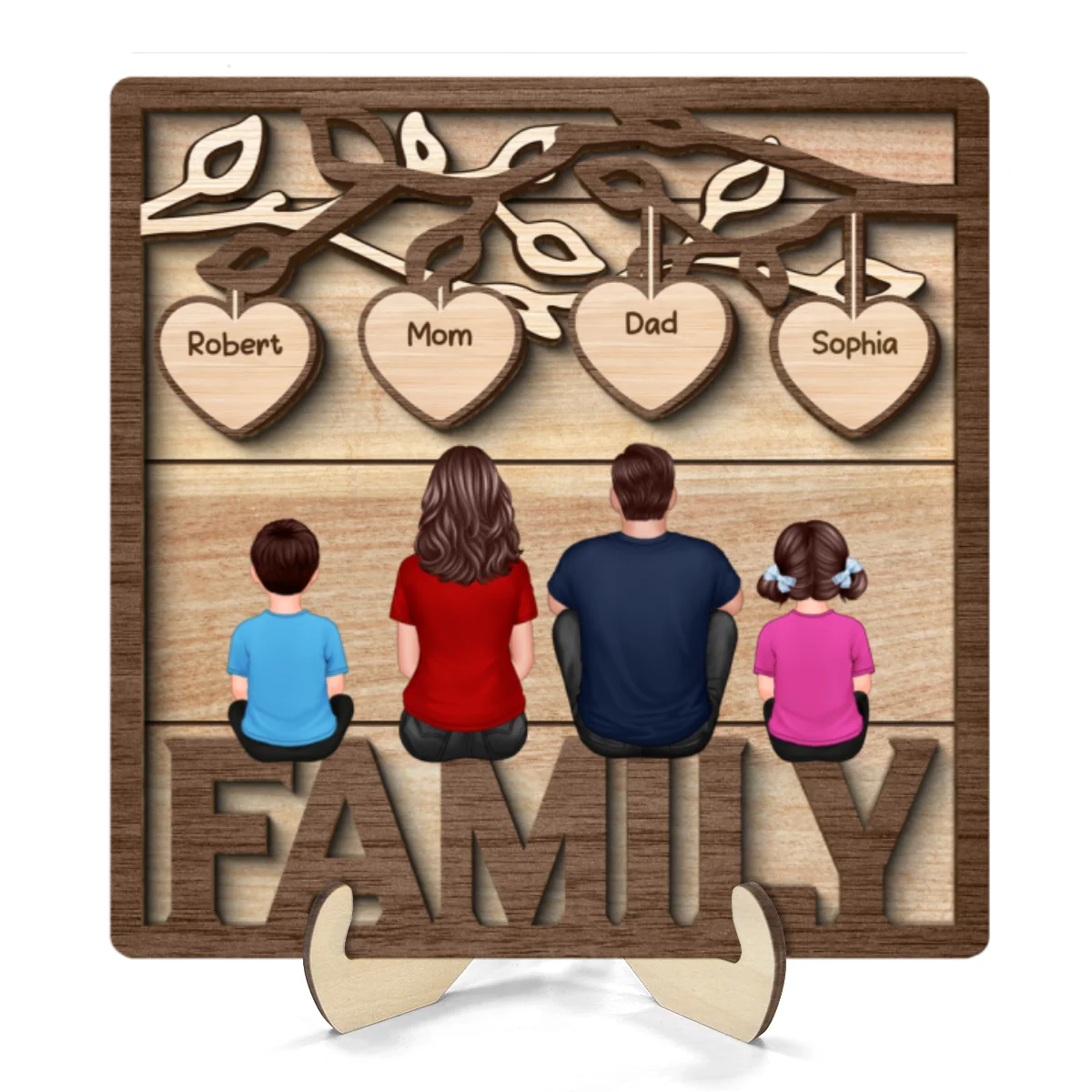 Family Dad Mom Kids Dogs Cats Sitting On Word Under Tree Personalized 2-Layer Wooden Plaque - Image 8