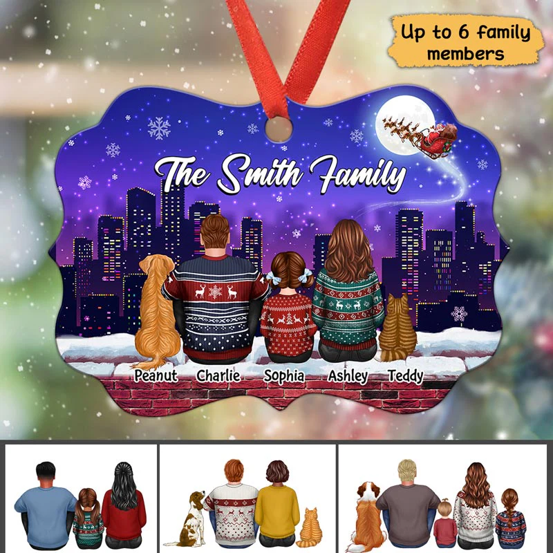 Family Dad Mom Kids Dogs Cats Sitting Skyline Night Personalized Christmas Ornament - Image 2