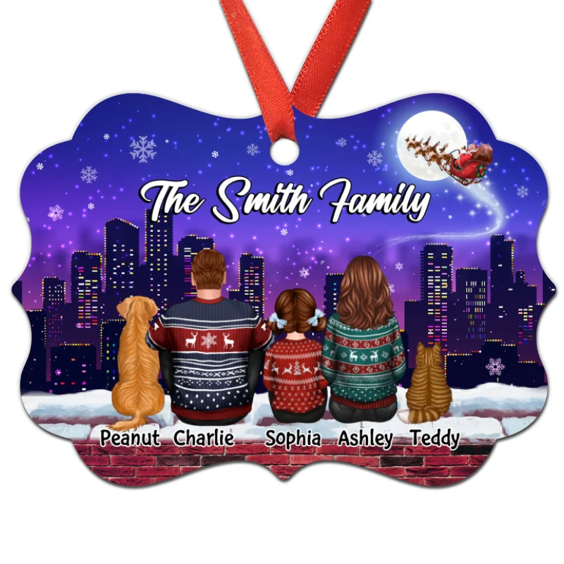 Family Dad Mom Kids Dogs Cats Sitting Skyline Night Personalized Christmas Ornament - Image 3