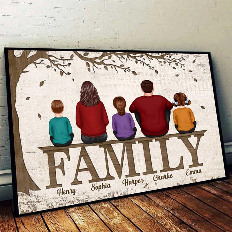 Family Dad Mom Kids Dogs Cats Sitting Under Tree Personalized Horizontal Poster - Image 2