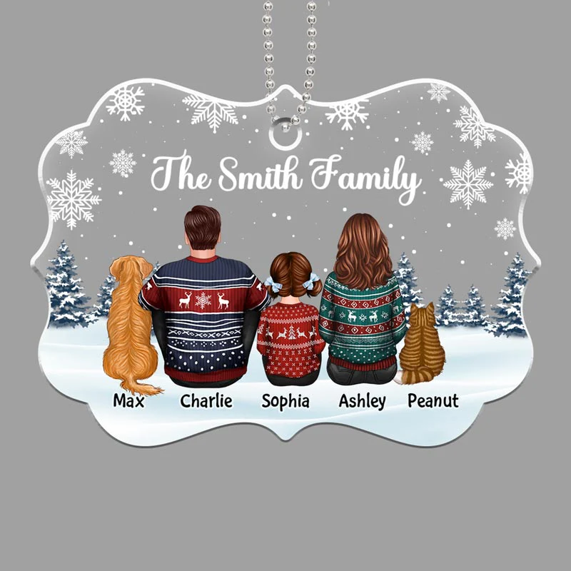 Family Dad Mom Kids Dogs Cats Snow Background Birthday, Anniversary Gift - Personalized Acrylic Ornament - Image 2