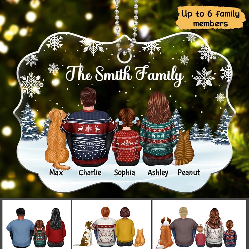 Family Dad Mom Kids Dogs Cats Snow Background Birthday, Anniversary Gift - Personalized Acrylic Ornament - Image 3