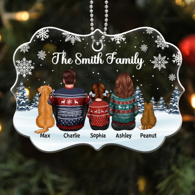 Family Dad Mom Kids Dogs Cats Snow Background Birthday, Anniversary Gift - Personalized Acrylic Ornament - Image 4