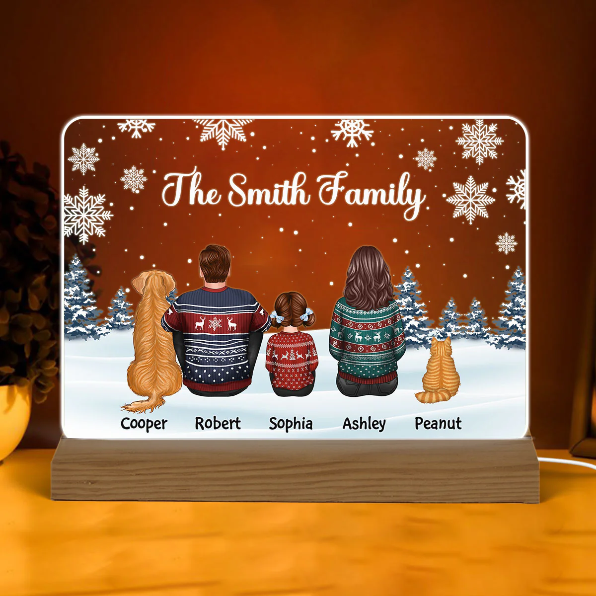 Family Dad Mom Kids Dogs Cats Snow Background Christmas Personalized Custom Shape Acrylic Plaque Warm LED Night Light
