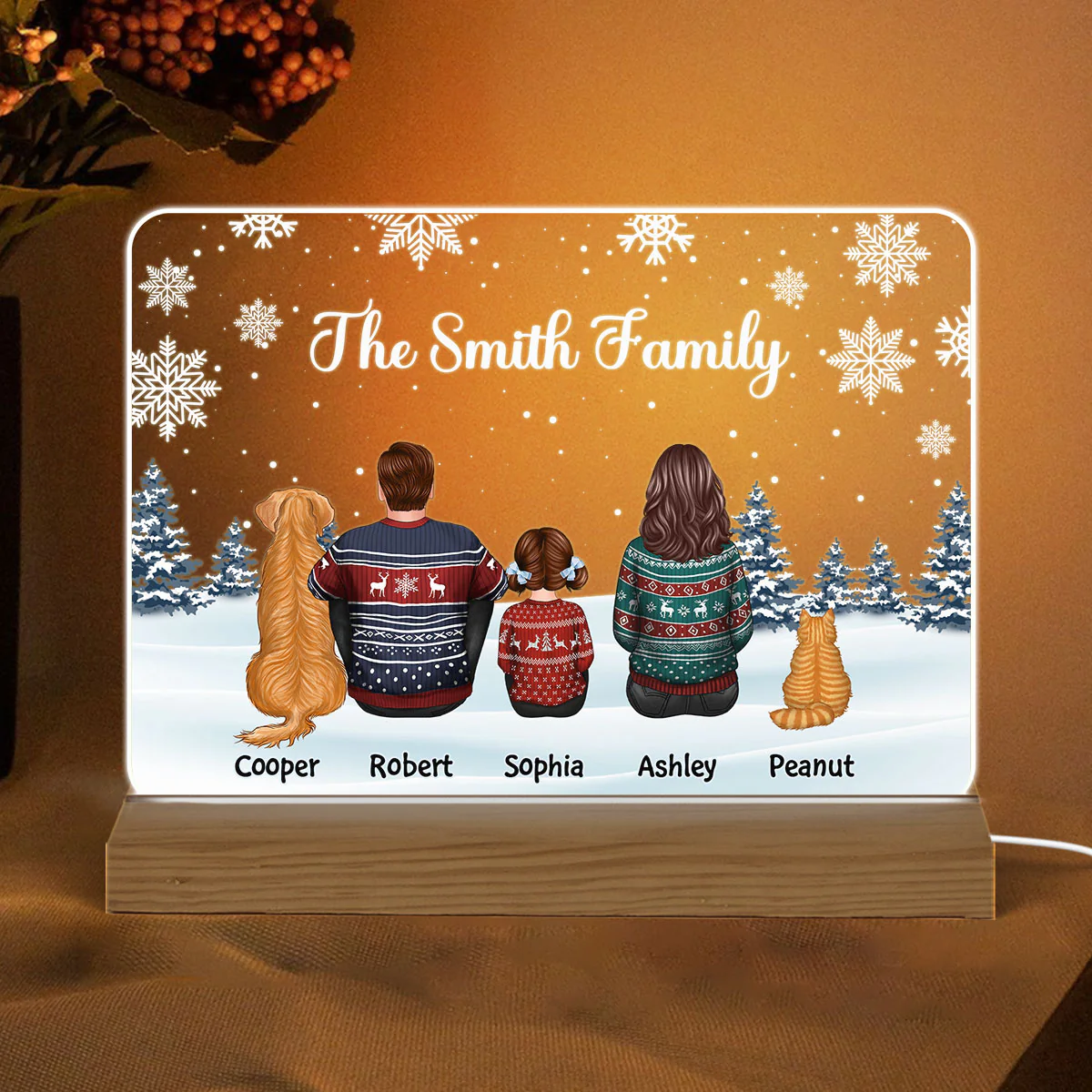 Family Dad Mom Kids Dogs Cats Snow Background Christmas Personalized Custom Shape Acrylic Plaque Warm LED Night Light - Image 2