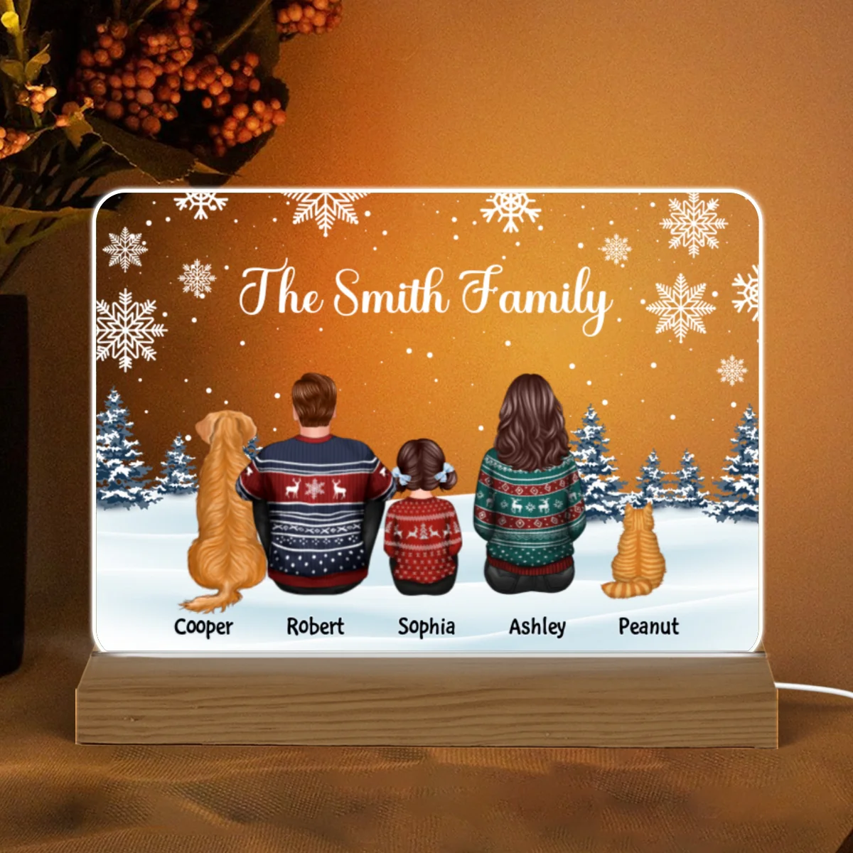 Family Dad Mom Kids Dogs Cats Snow Background Christmas Personalized Custom Shape Acrylic Plaque Warm LED Night Light - Image 4