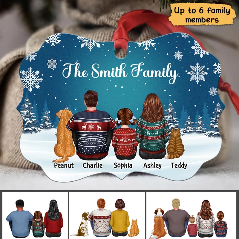 Family Dad Mom Kids Dogs Cats Snow Background Personalized Christmas Ornament - Image 2