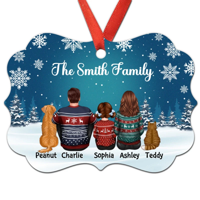 Family Dad Mom Kids Dogs Cats Snow Background Personalized Christmas Ornament - Image 3