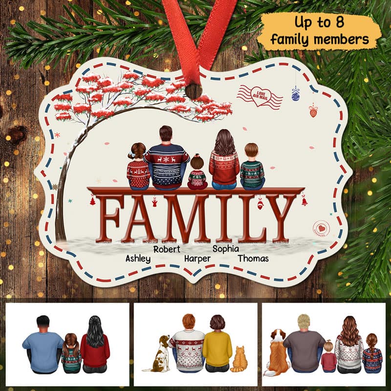 Family Dad Mom Kids Dogs Cats Under Red Tree Personalized Christmas Ornament - Image 2