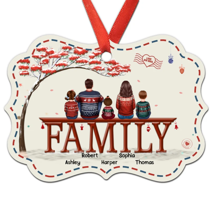 Family Dad Mom Kids Dogs Cats Under Red Tree Personalized Christmas Ornament - Image 3