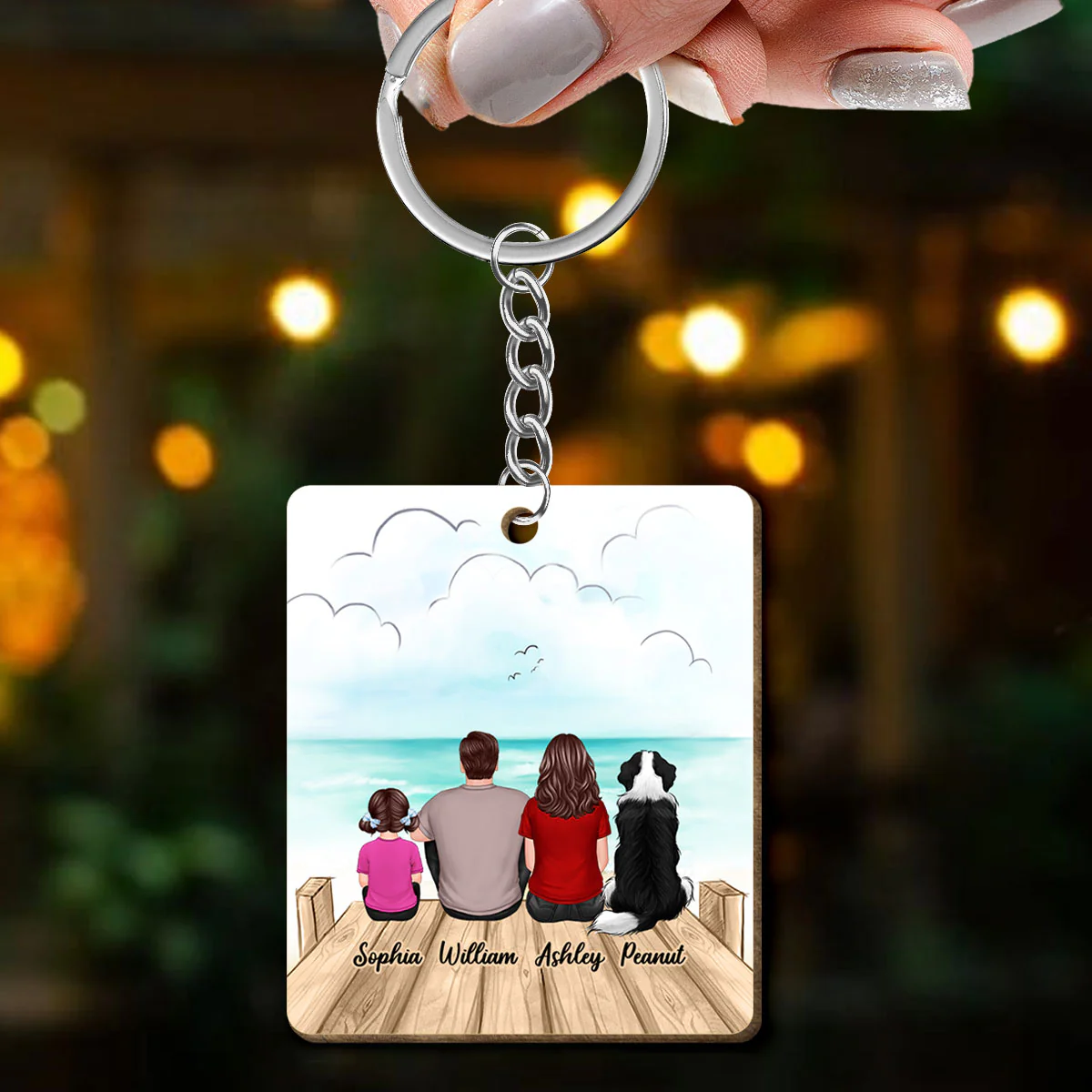 Family Dogs Cats Sitting On Bridge Personalized Wooden Keychain - Image 3