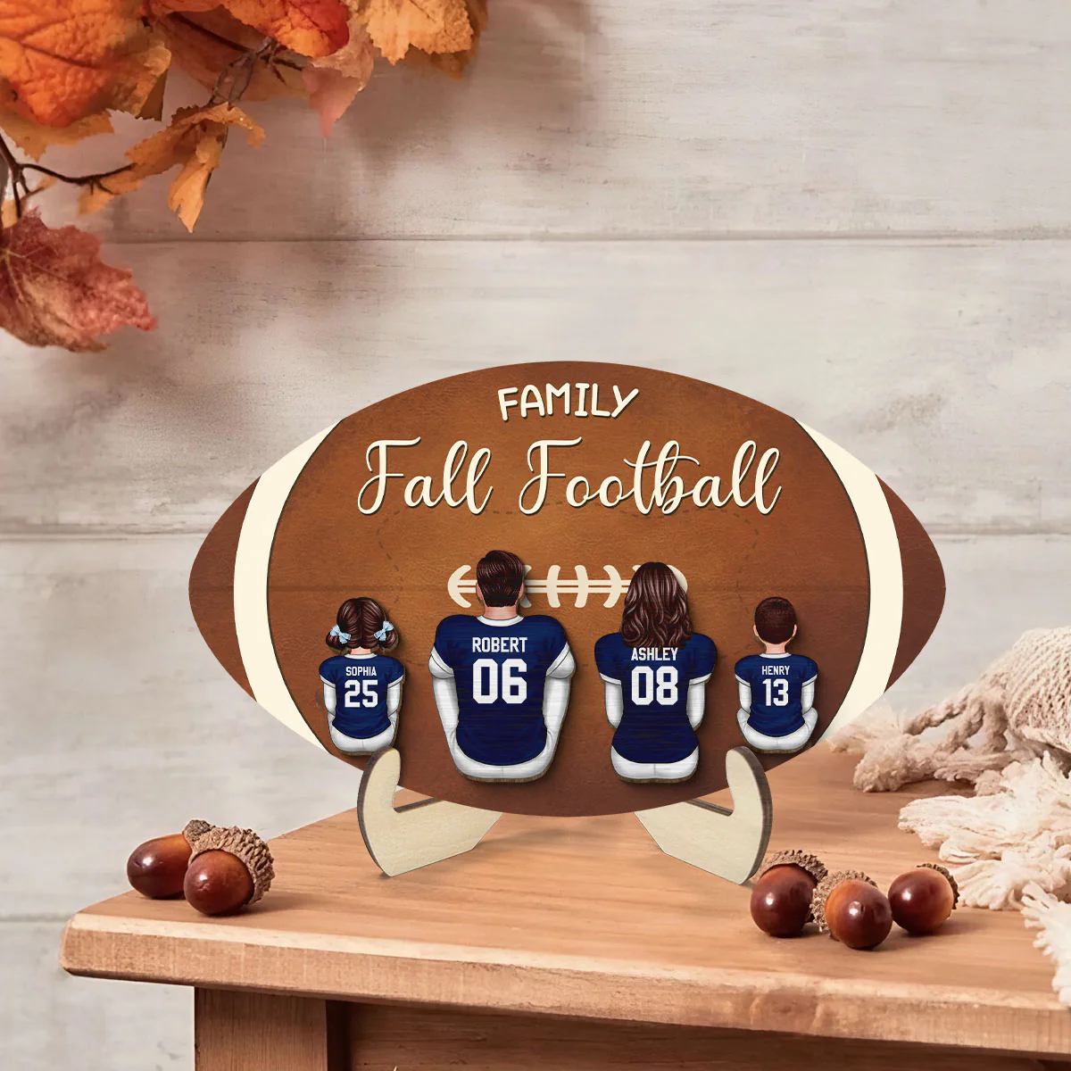Family Fall Football Family Sitting Personalized 2-Layer Wooden Plaque, Gift For Husband, Wife, Dad, Mom - Image 2