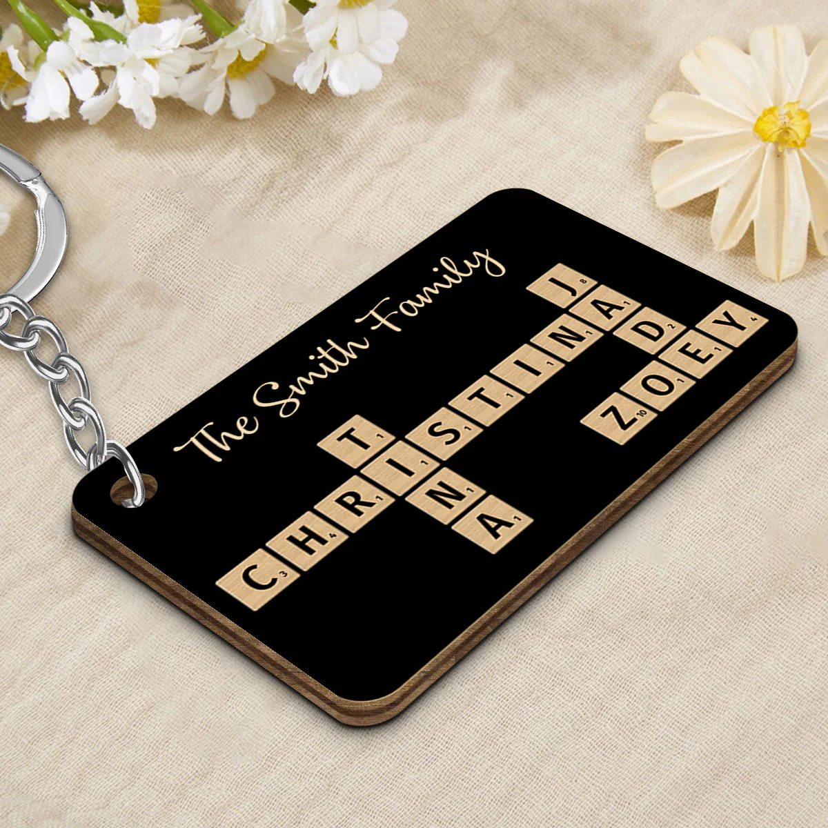 Family Forever Linked Together Crossword Puzzle Art Personalized Wooden Keychain, Christmas Gift For Brothers, Sisters, Siblings, Family - Image 3