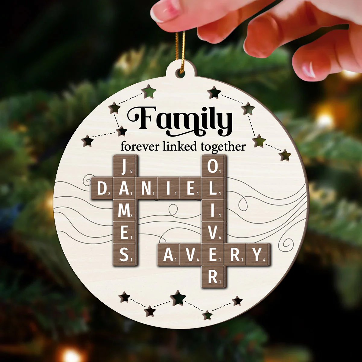 Family Forever Linked Together Puzzle Crossword Personalized 2-Layer Wooden Ornament, Christmas Gift For Family - Image 2