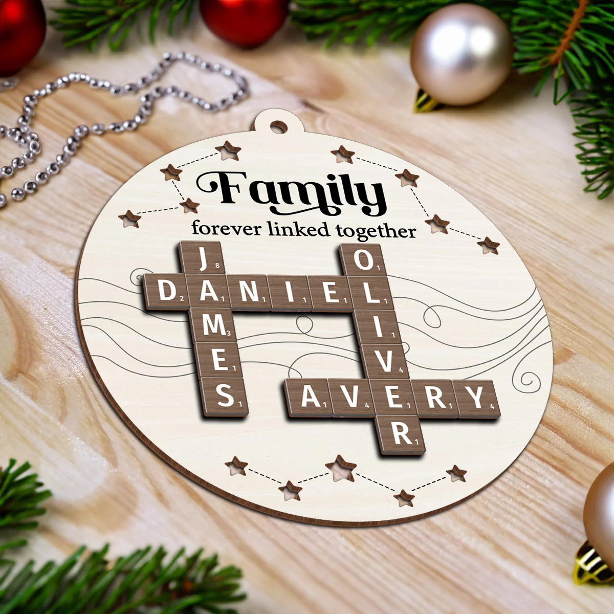 Family Forever Linked Together Puzzle Crossword Personalized 2-Layer Wooden Ornament, Christmas Gift For Family - Image 3