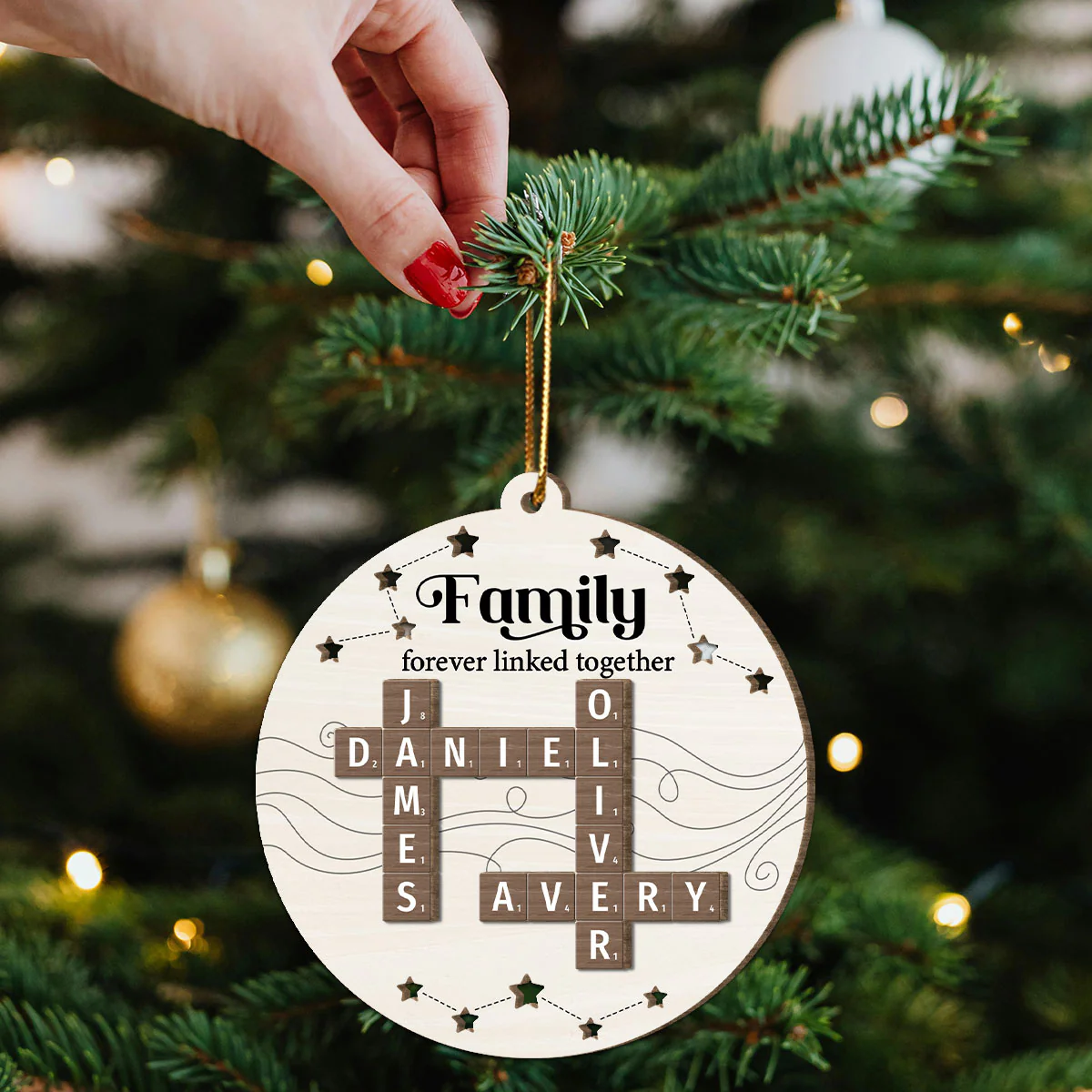 Family Forever Linked Together Puzzle Crossword Personalized 2-Layer Wooden Ornament, Christmas Gift For Family - Image 4