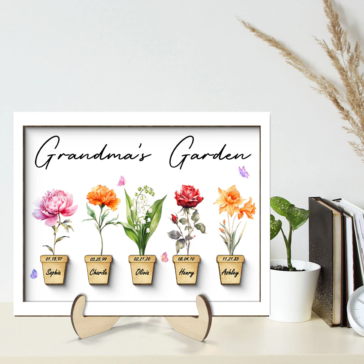 Family Grandma Garden Flower Pot Beautiful Birth Month Flowers Personalized 2-Layer Wooden Plaque - Image 2