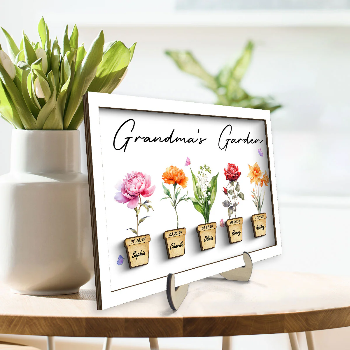 Family Grandma Garden Flower Pot Beautiful Birth Month Flowers Personalized 2-Layer Wooden Plaque - Image 3