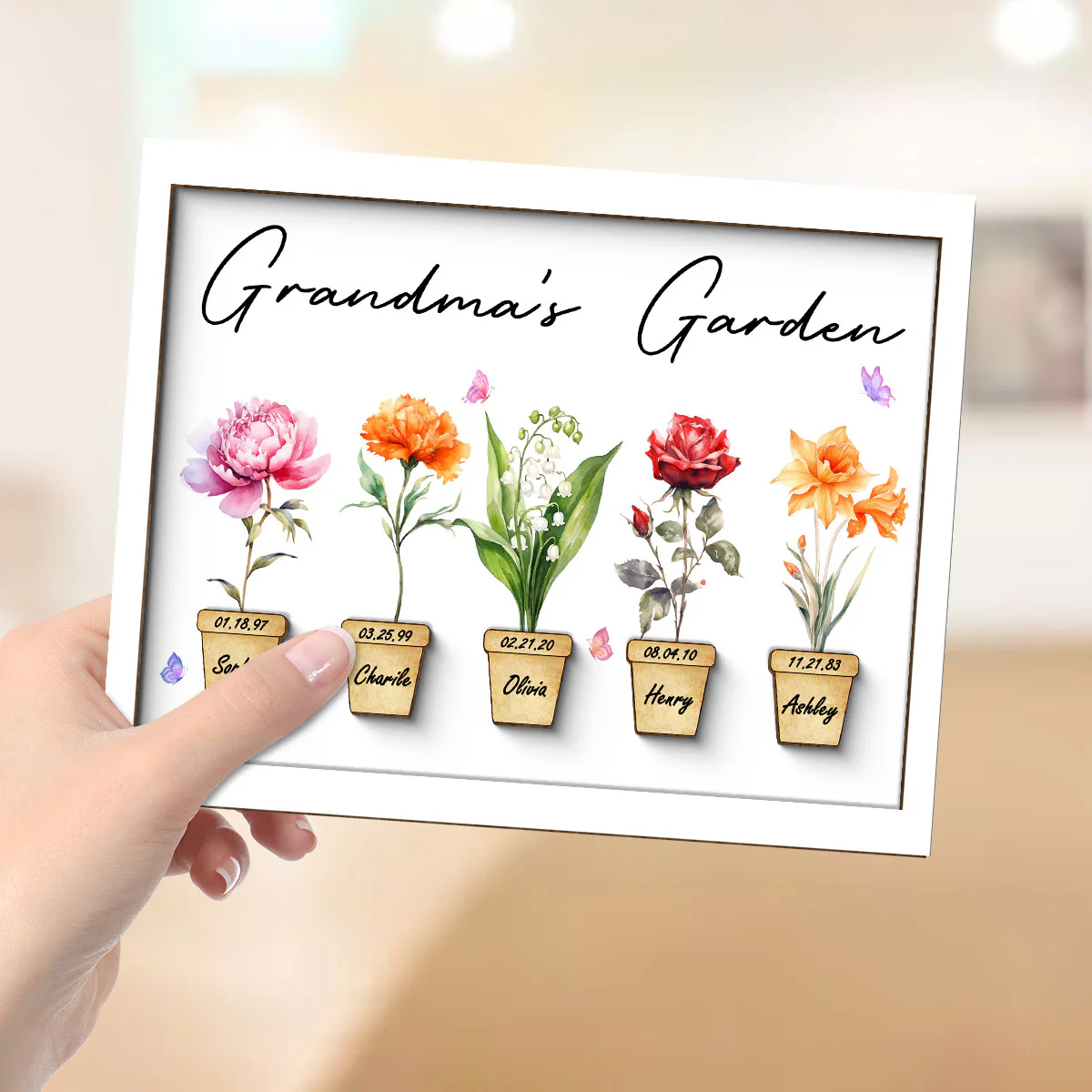 Family Grandma Garden Flower Pot Beautiful Birth Month Flowers Personalized 2-Layer Wooden Plaque - Image 4
