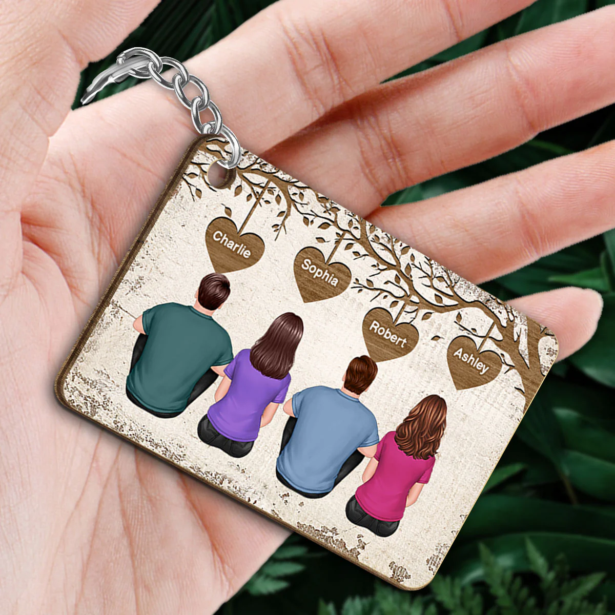 Family Grandma Grandpa Dad Mom Kids Dogs Cats Sitting Under Tree Personalized Wooden Keychain - Image 2