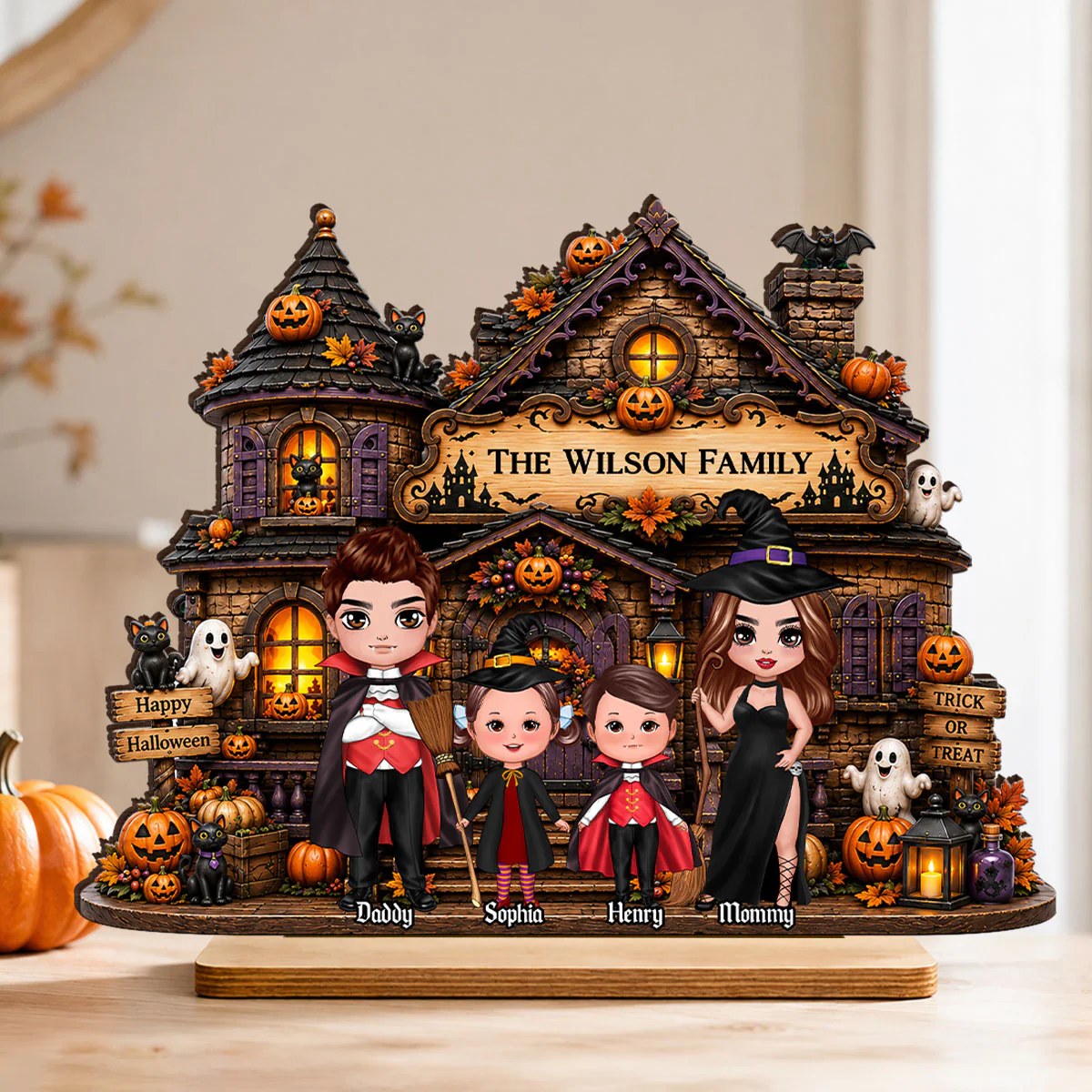 Family Haunted House Trick or Treat - Personalized 2-Layered Wooden Plaque - Halloween Gothic Home Sign - Image 3