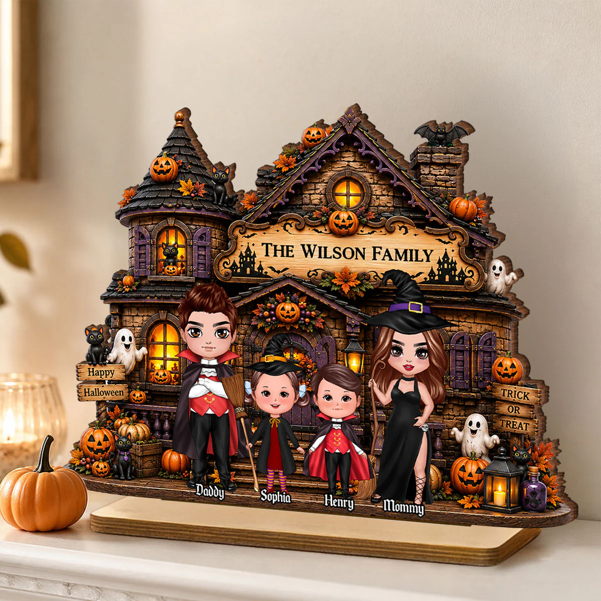 Family Haunted House Trick or Treat - Personalized 2-Layered Wooden Plaque - Halloween Gothic Home Sign - Image 5