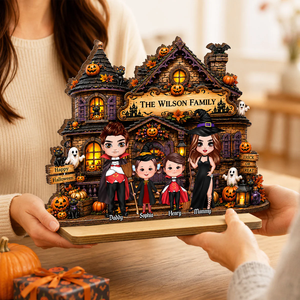 Family Haunted House Trick or Treat - Personalized 2-Layered Wooden Plaque - Halloween Gothic Home Sign - Image 6