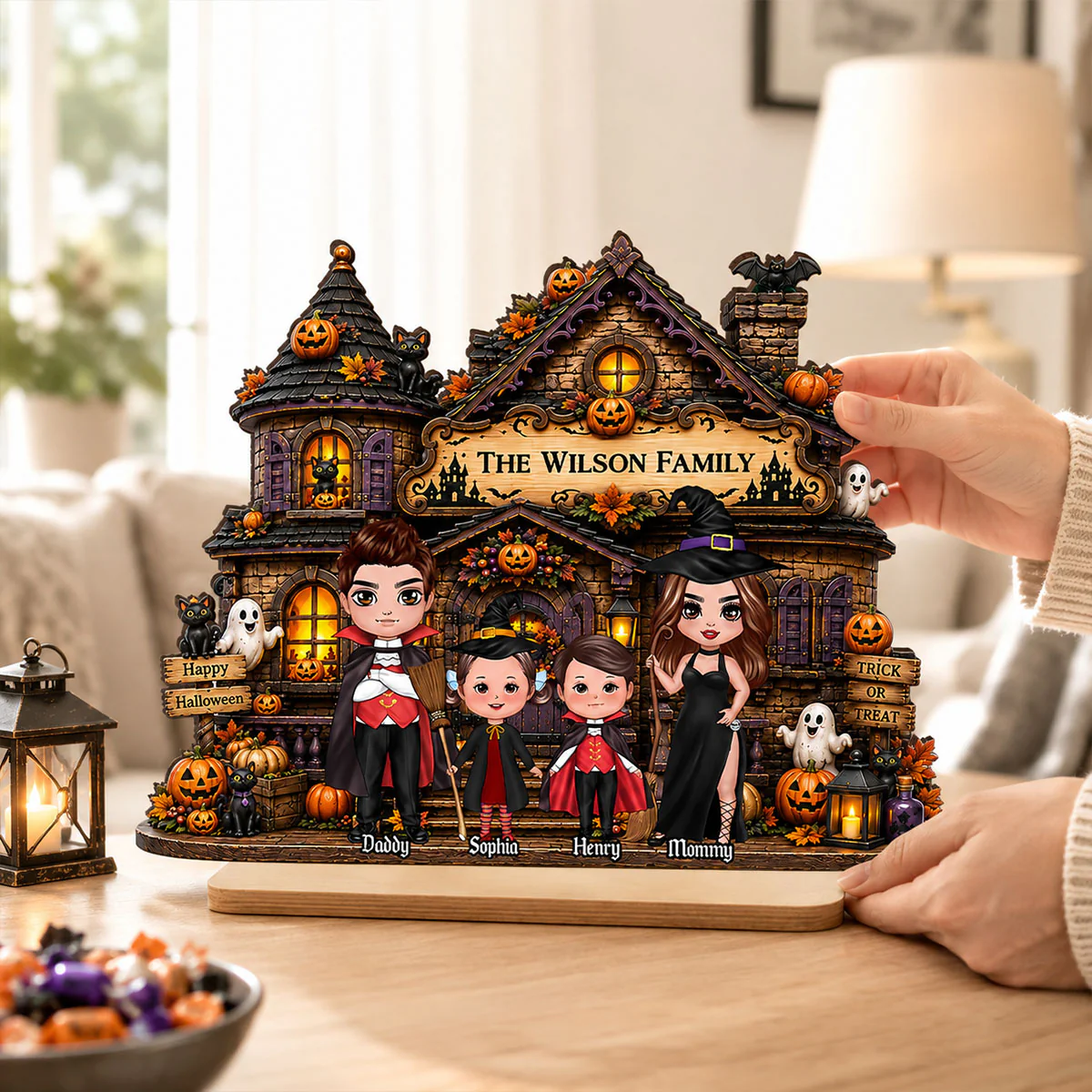 Family Haunted House Trick or Treat - Personalized 2-Layered Wooden Plaque - Halloween Gothic Home Sign - Image 7