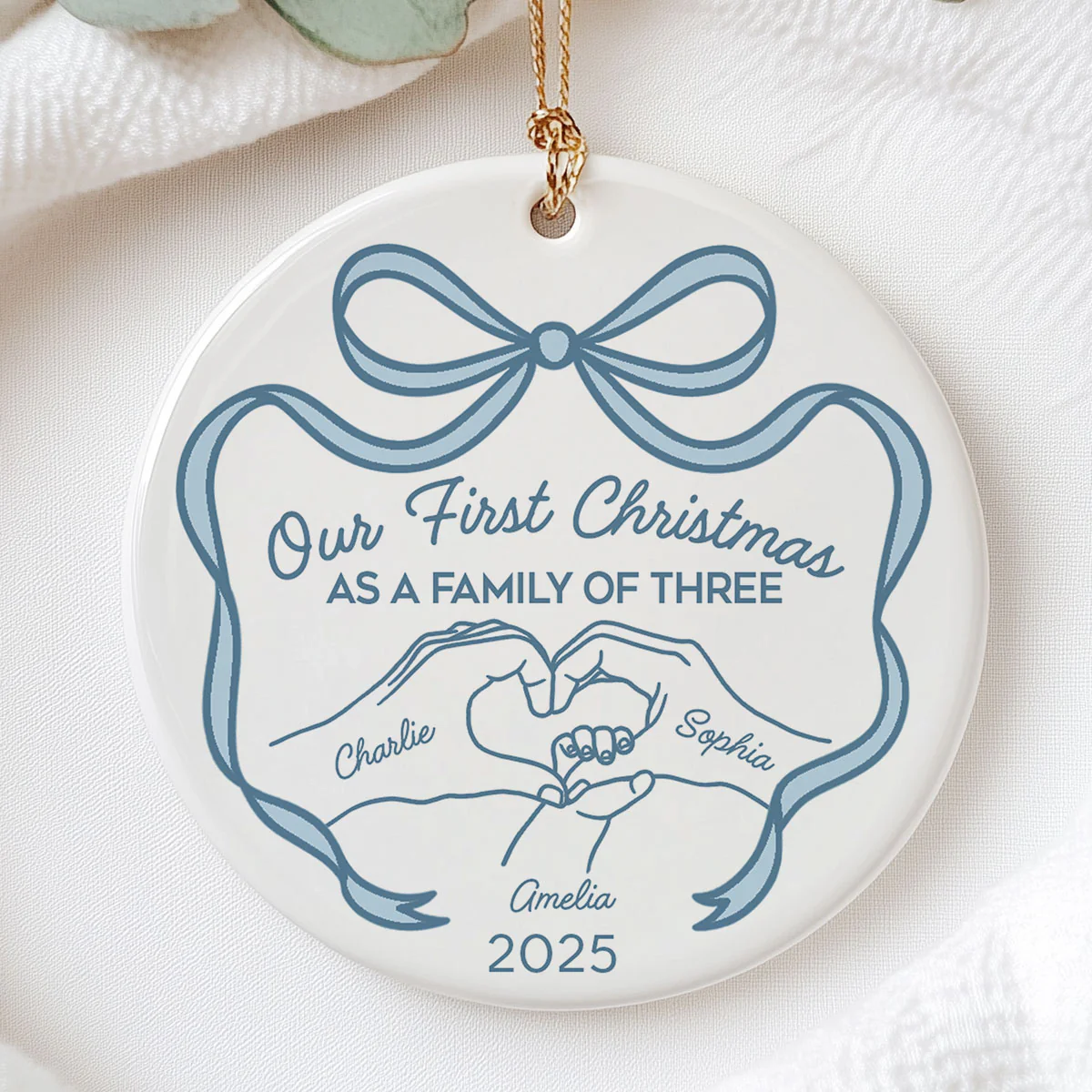 Family Heart Hand First Christmas As Family Of Three Christmas Personalized Ceramic Ornament - Image 2