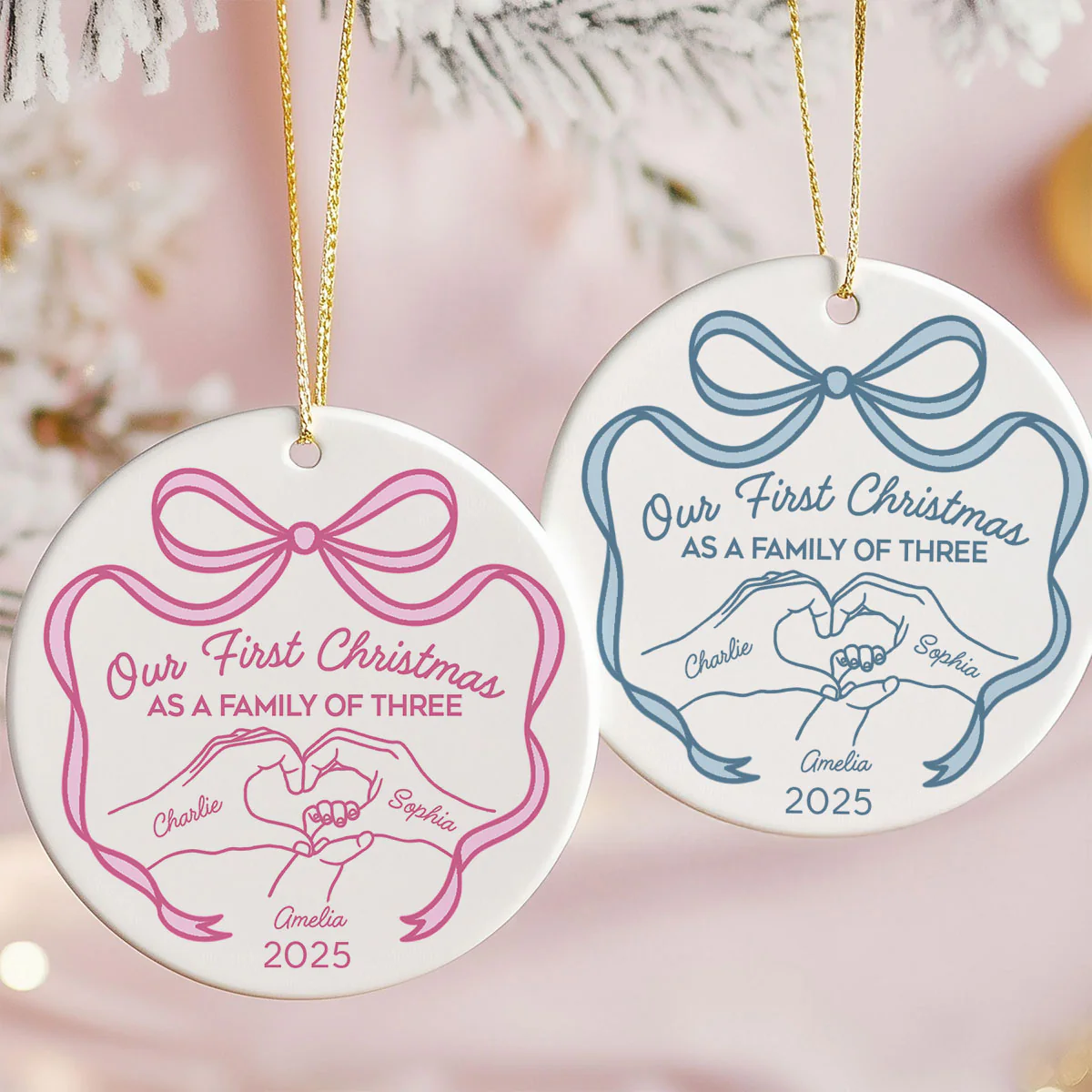 Family Heart Hand First Christmas As Family Of Three Christmas Personalized Ceramic Ornament - Image 3