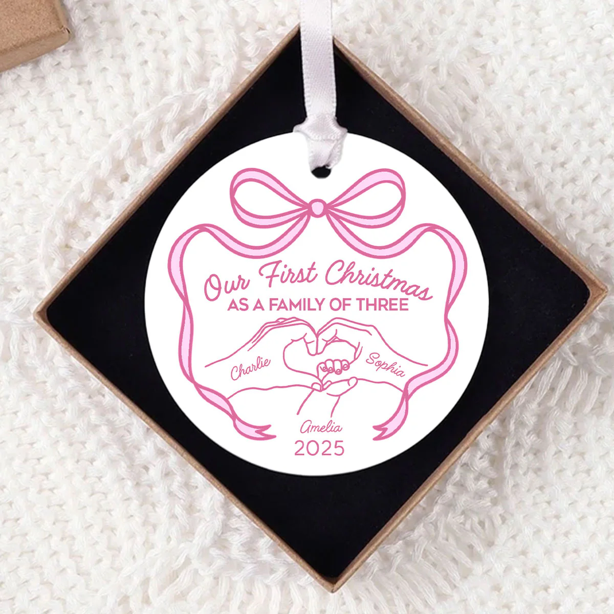 Family Heart Hand First Christmas As Family Of Three Christmas Personalized Ceramic Ornament - Image 4