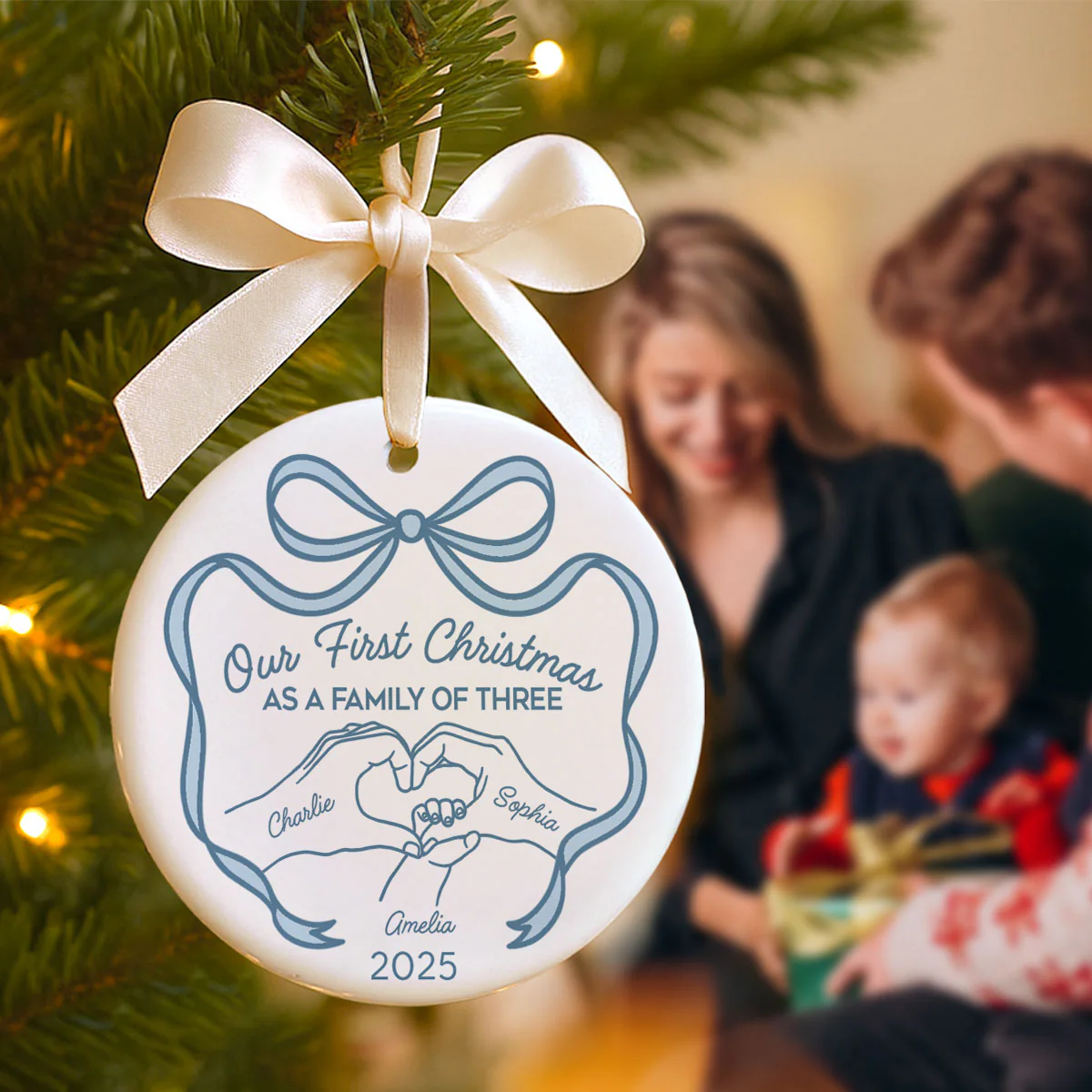 Family Heart Hand First Christmas As Family Of Three Christmas Personalized Ceramic Ornament - Image 5